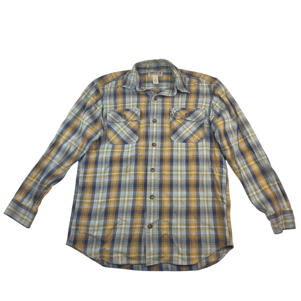Duluth Trading Co Mens Flannel Shirt Medium Blue Yellow Plaid Cotton Button Down